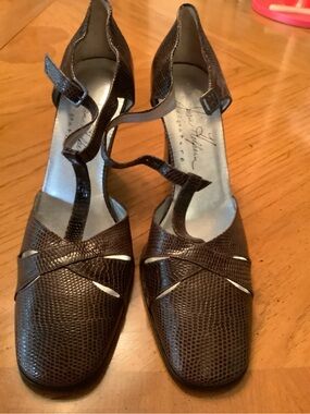 Joan Halpern Signature Brown Textured T-Strap Heels with Ankle Buckle